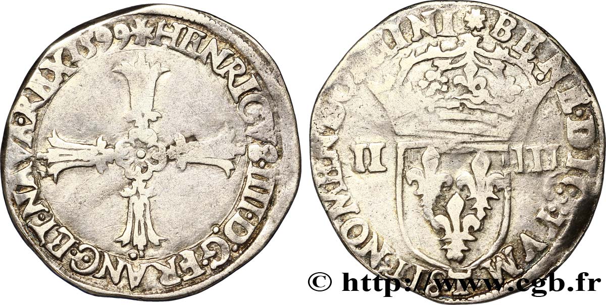 HENRI IV LE GRAND Quart d écu, croix feuillue de face 1599 Nantes TB+