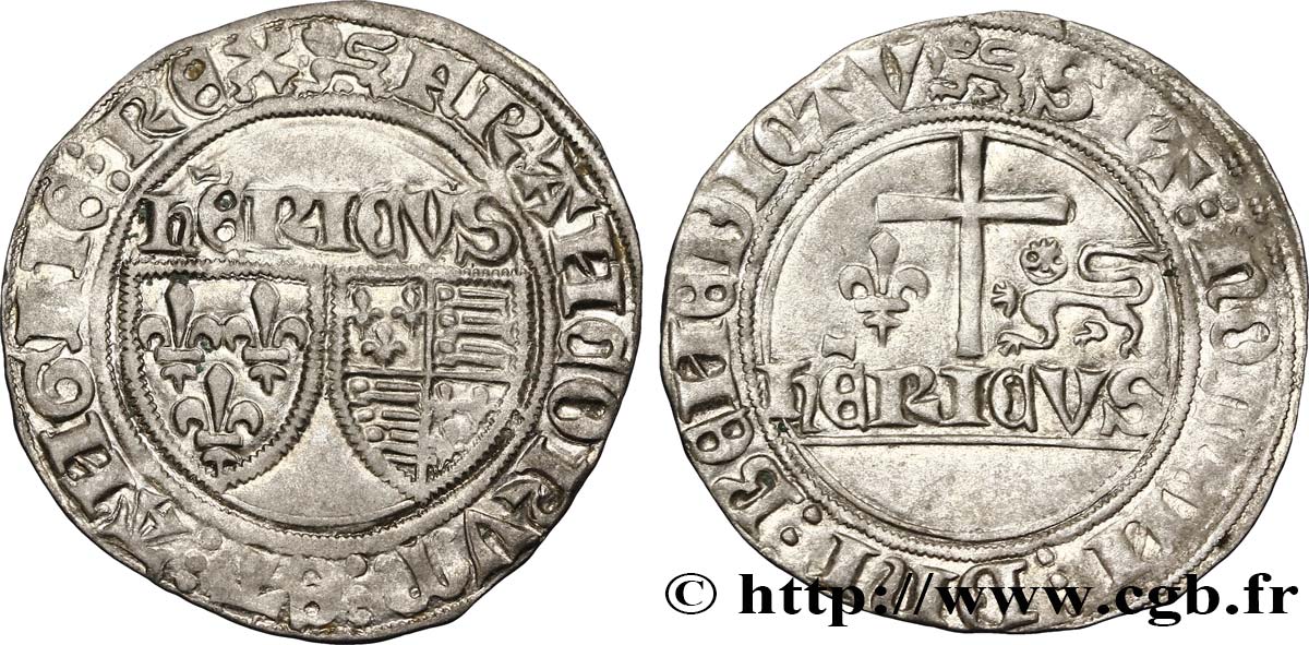 HENRY VI DE LANCASTRE - ROI DE FRANCE (1422-1453) - ROI D ANGLETERRE (1422-1461) et (1470-1471) Blanc aux écus n.d. Rouen TTB