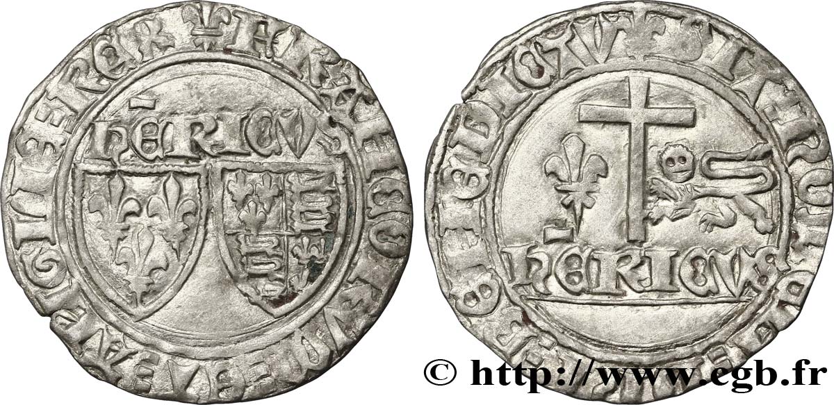 HENRY VI DE LANCASTRE - ROI DE FRANCE (1422-1453) - ROI D ANGLETERRE (1422-1461) et (1470-1471) Blanc aux écus n.d. Saint-Lô TTB