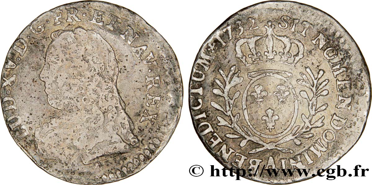 LOUIS XV DIT LE BIEN AIMÉ Vingtième d’écu aux branches d’olivier, buste habillé 1732 Paris B+