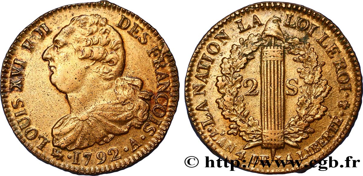 LOUIS XVI (MONARQUE CONSTITUTIONNEL)  2 sols dit &nbsp;au faisceau&nbsp;, type FRANÇOIS 1792 Paris SUP