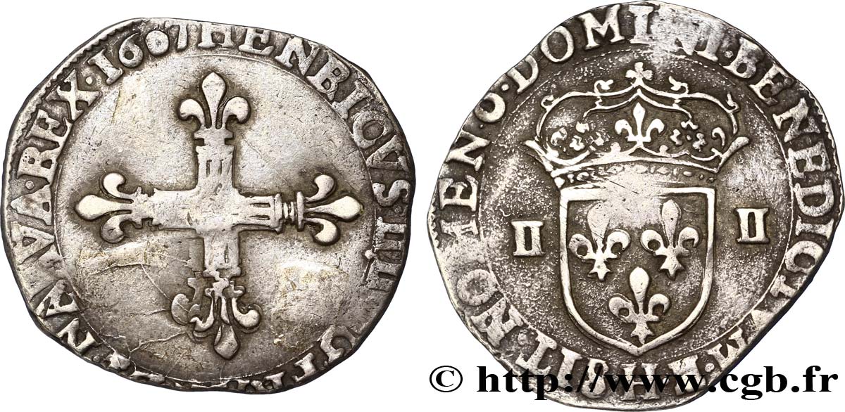 HENRI IV LE GRAND Quart d écu, croix bâtonnée et fleurdelisée de face 1607 La Rochelle TB/TB+