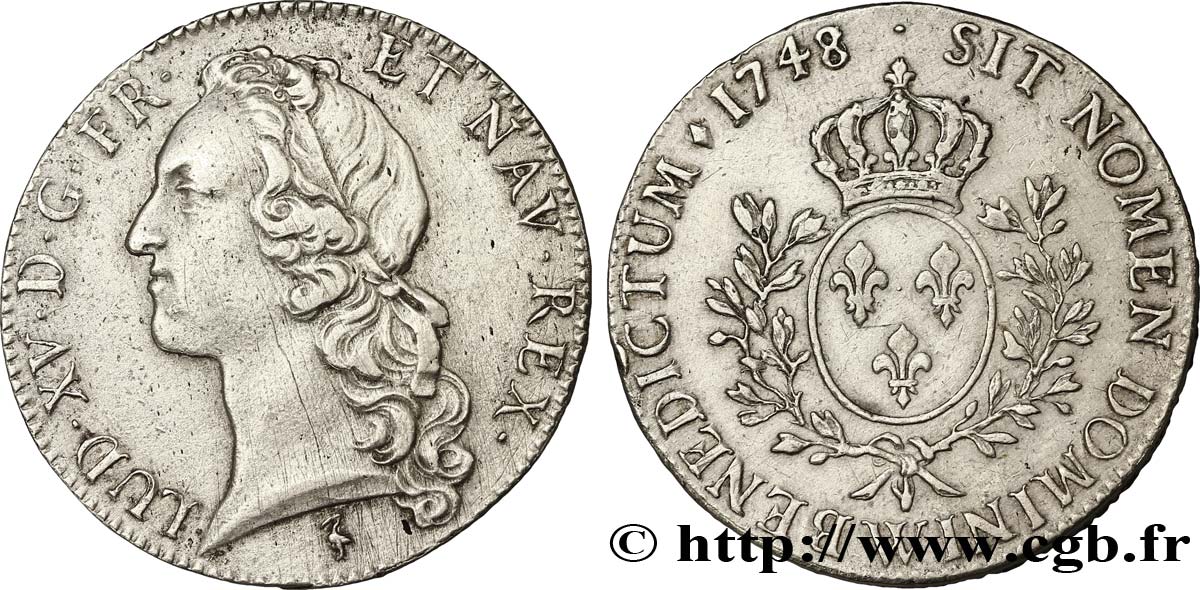 LOUIS XV  THE WELL-BELOVED  Écu aux branches d’olivier, tête ceinte d’un bandeau 1748 Lille BB