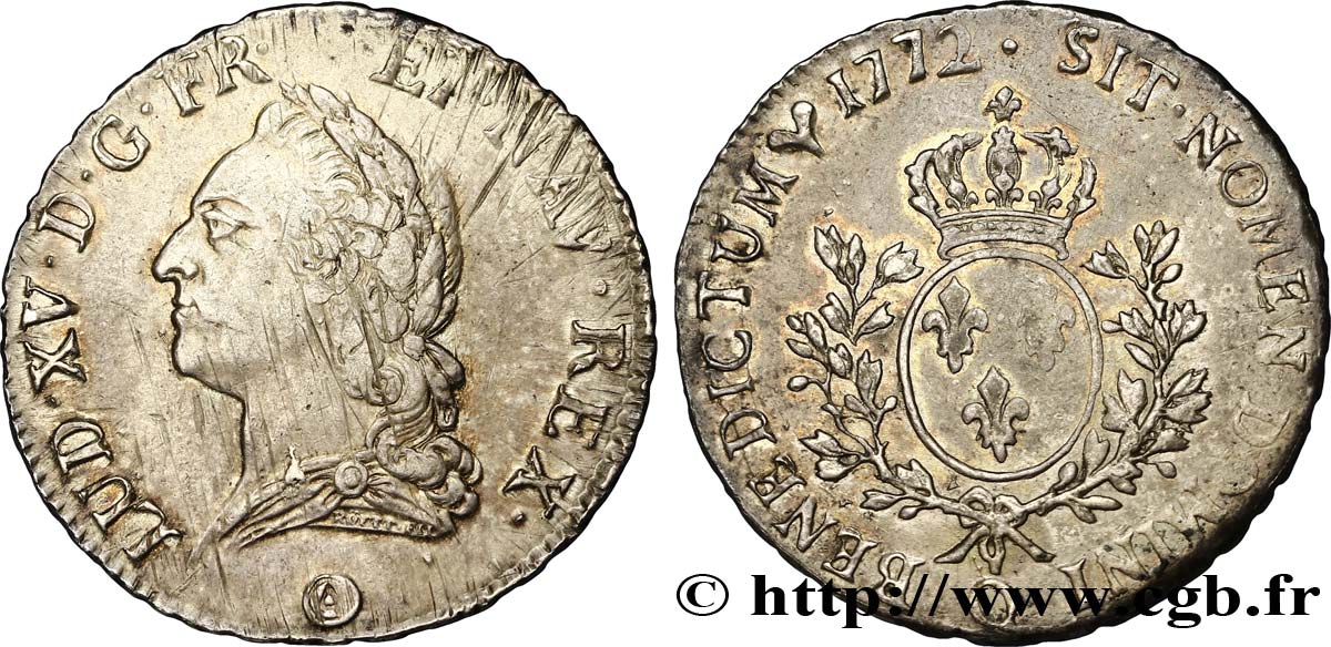 LOUIS XV DIT LE BIEN AIMÉ Écu aux branches d’olivier, buste lauré 1772 Perpignan TTB