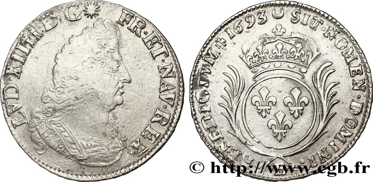 LOUIS XIV LE GRAND OU LE ROI SOLEIL Demi-écu aux palmes 1693 Tours TB/TTB