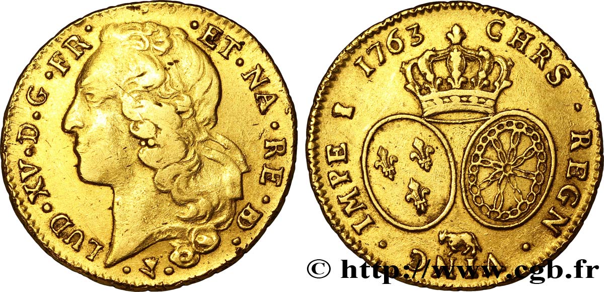 LOUIS XV  THE WELL-BELOVED  Double louis d’or aux écus ovales, tête ceinte d’un bandeau 1763 Pau MB/BB