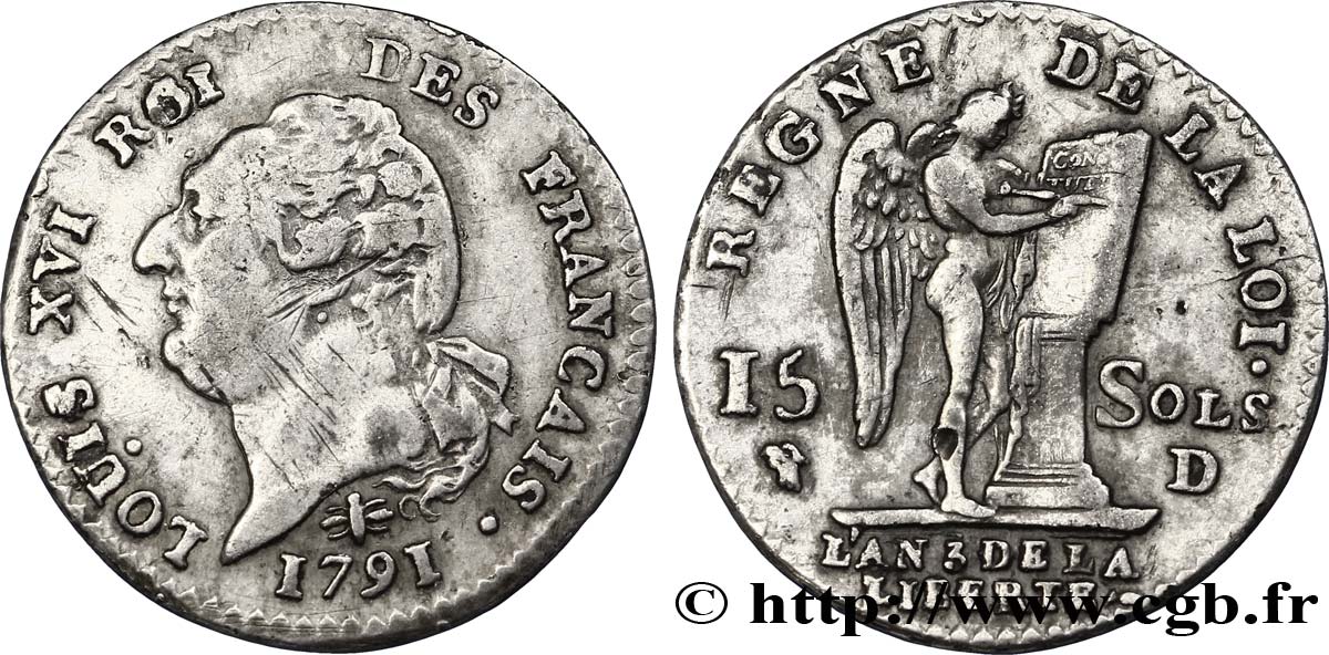 LOUIS XVI (MONARQUE CONSTITUTIONNEL)  15 sols dit &nbsp;au génie&nbsp;, type FRANCAIS 1791 Lyon TTB