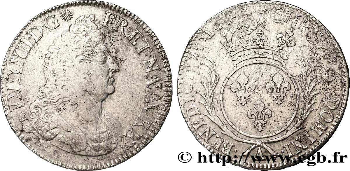 LOUIS XIV LE GRAND OU LE ROI SOLEIL Écu aux palmes 1694 Paris TTB