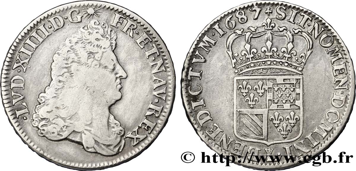 LOUIS XIV LE GRAND OU LE ROI SOLEIL Demi-écu de Flandre 1687 Lille TB+/TTB