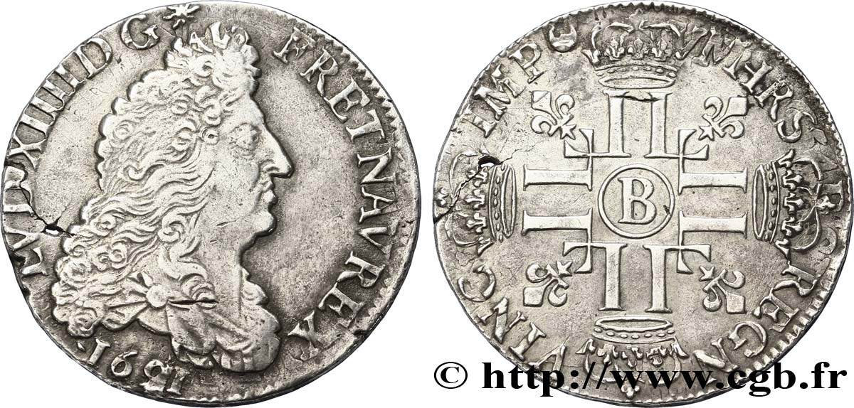 LOUIS XIV LE GRAND OU LE ROI SOLEIL Demi-écu aux huit L, 1er type 1691 Rouen TB+/TTB