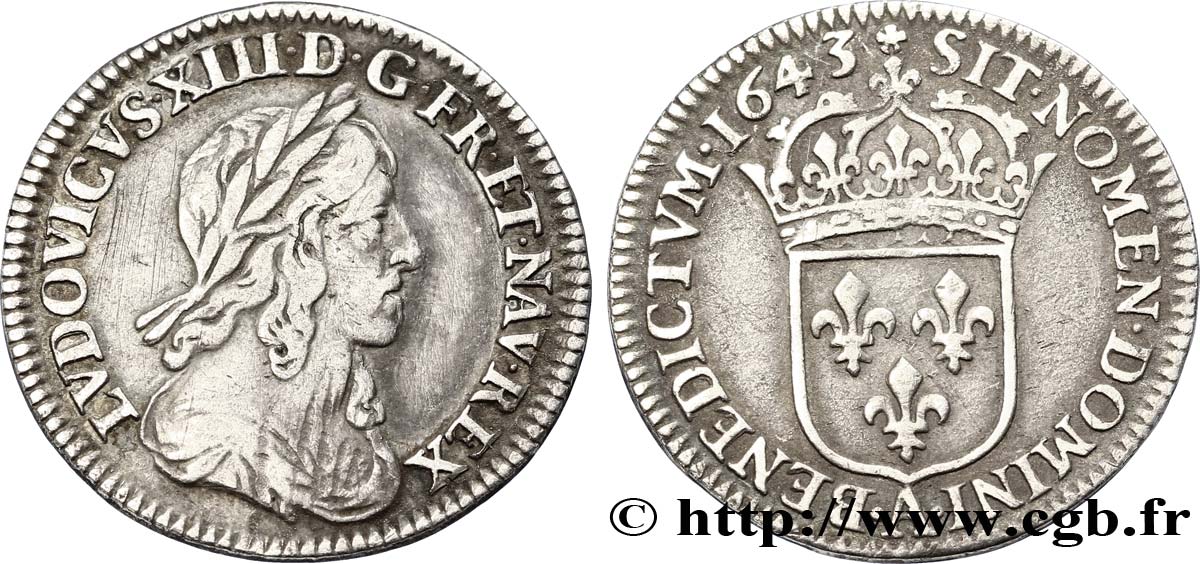 LOUIS XIII LE JUSTE Douzième d écu, buste drapé et cuirassé (2e buste de Jean Warin) 1643 Paris, Monnaie de Matignon TTB