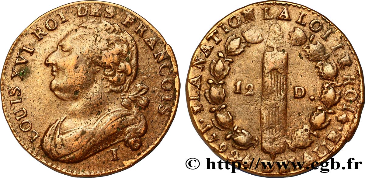 LOUIS XVI (MONARQUE CONSTITUTIONNEL)  12 deniers dit &nbsp;au faisceau&nbsp;, type FRANÇOIS 1792 Limoges TTB/TB+