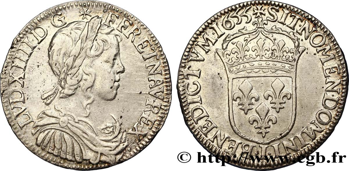 LOUIS XIV LE GRAND OU LE ROI SOLEIL Demi-écu, portrait à la mèche longue 1655 Limoges TTB+/SUP