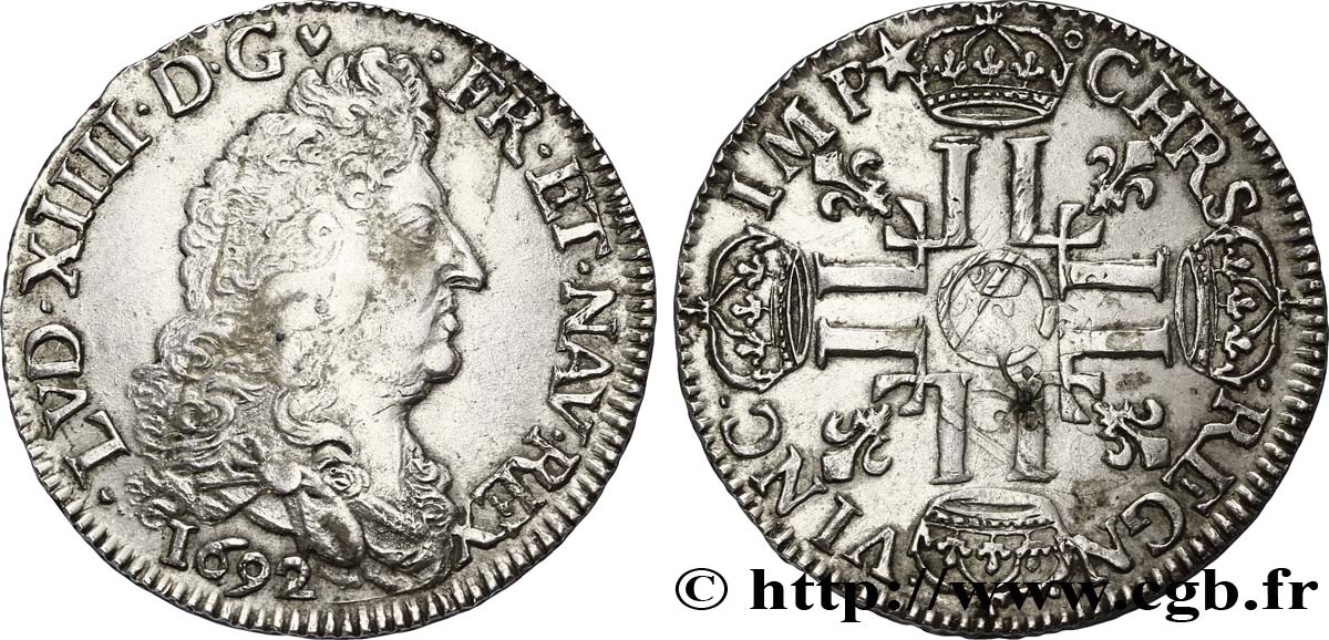 LOUIS XIV  THE SUN KING  Demi-écu aux huit L, 1er type 1692 Troyes q.SPL