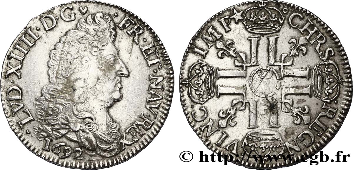 LOUIS XIV LE GRAND OU LE ROI SOLEIL Demi-écu aux huit L, 1er type 1692 Troyes TTB+