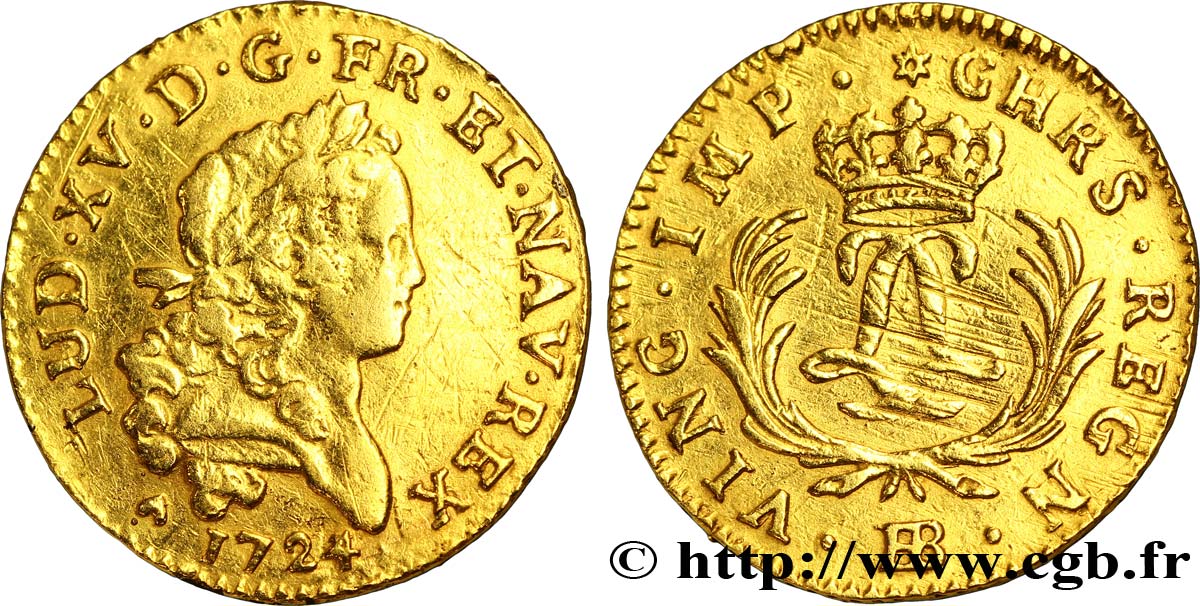 LOUIS XV DIT LE BIEN AIMÉ Louis d&nbsp;or aux deux L entrelacées et aux palmes longues 1724 Strasbourg TTB