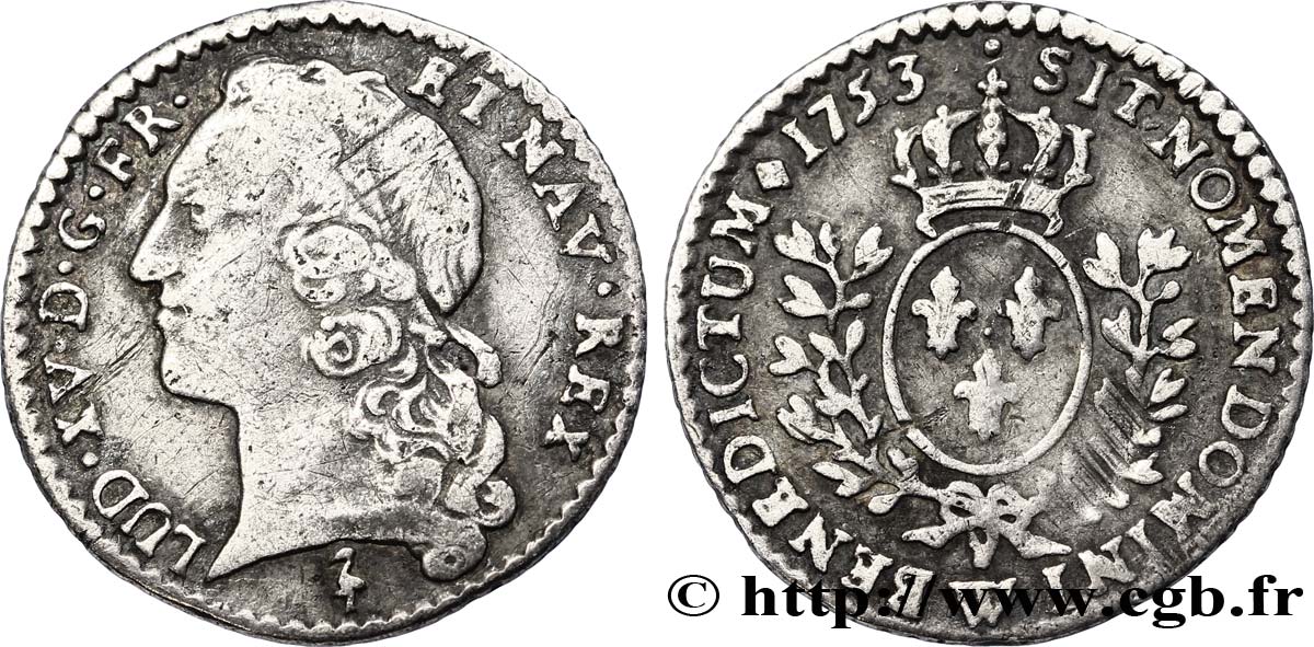 LOUIS XV DIT LE BIEN AIMÉ Vingtième d&nbsp;écu aux branches d’olivier, tête ceinte d’un bandeau 1753 Lille TB+
