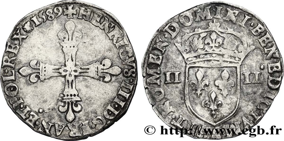 HENRY III Quart d écu, croix de face 1589 Paris XF