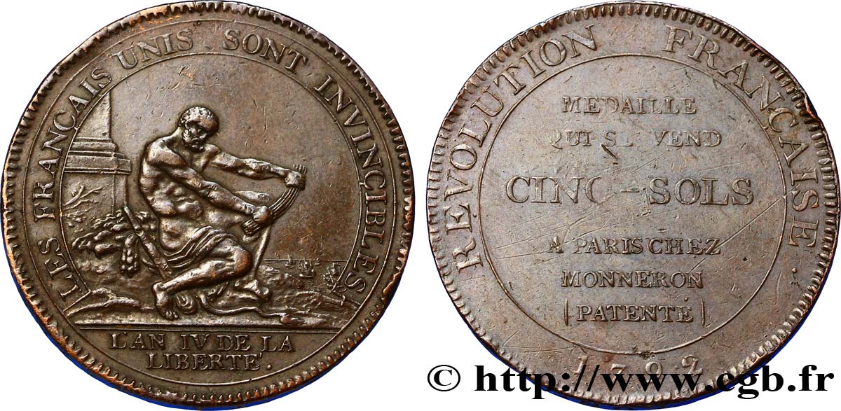 REVOLUTION COINAGE / CONFIANCE (MONNAIES DE…) Monneron de 5 sols à l Hercule, frappe monnaie 1792 Birmingham, Soho XF/VF