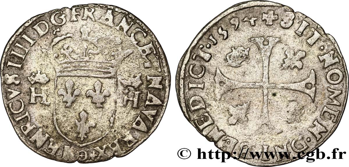 HENRI IV LE GRAND Douzain aux deux H couronnées, 3e type 1594 Clermont-Ferrand TB+