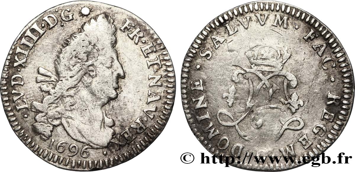 LOUIS XIV LE GRAND OU LE ROI SOLEIL Quatre sols aux deux L 1696 Bayonne TB