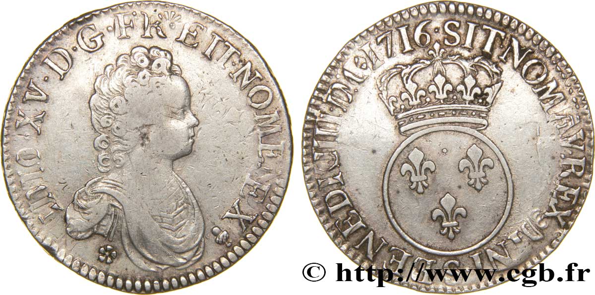 LOUIS XV DIT LE BIEN AIMÉ Écu dit  vertugadin  1716 Reims TB+/TTB