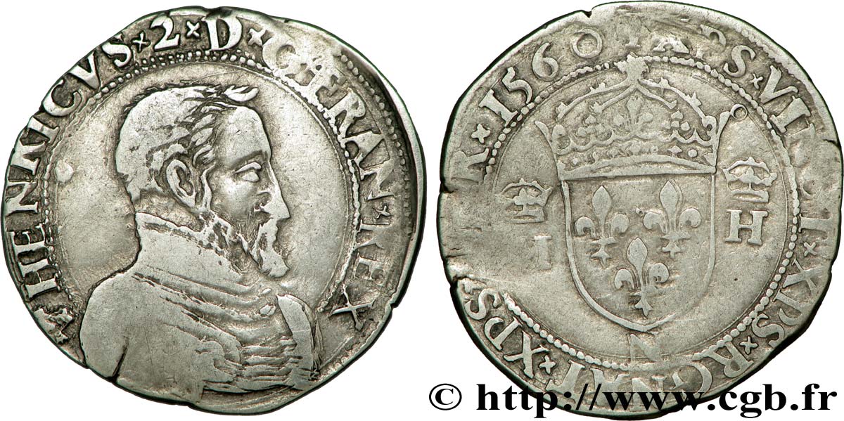 FRANCIS II. COINAGE AT THE NAME OF HENRY II Teston à la tête nue, 6e type 1560 Montpellier q.BB