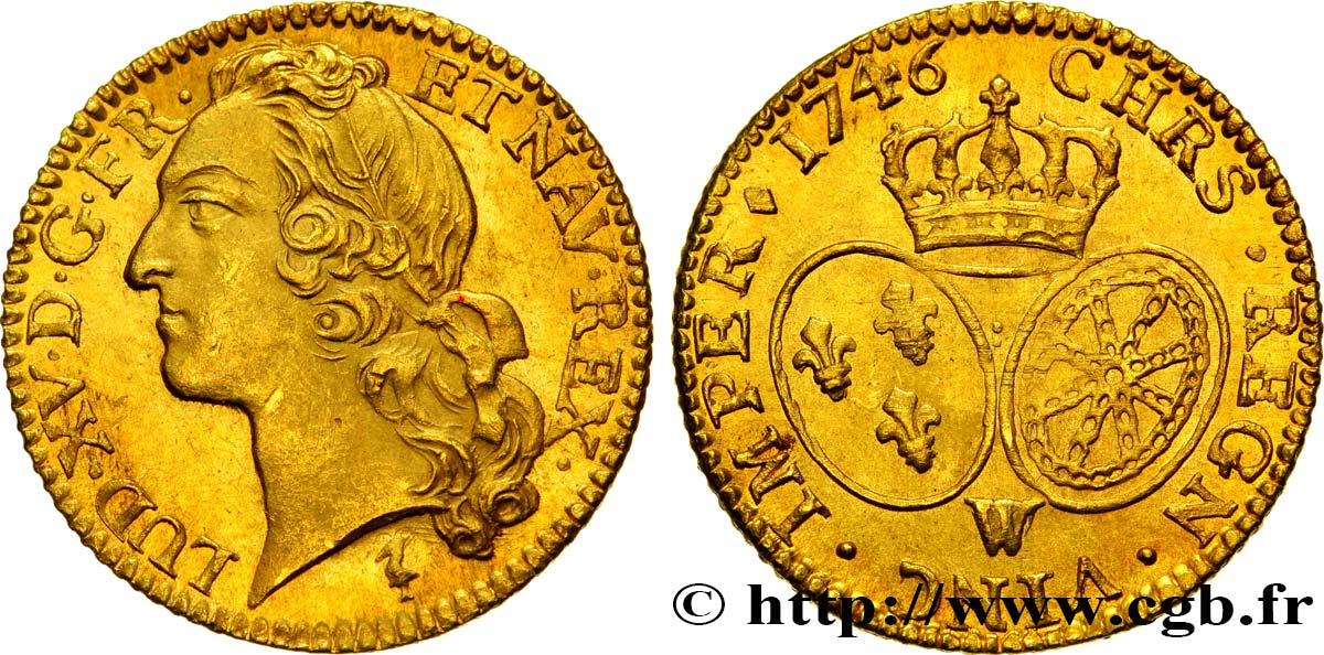 LOUIS XV  THE WELL-BELOVED  Louis d’or aux écus ovales, tête ceinte d’un bandeau 1746 Lille fST