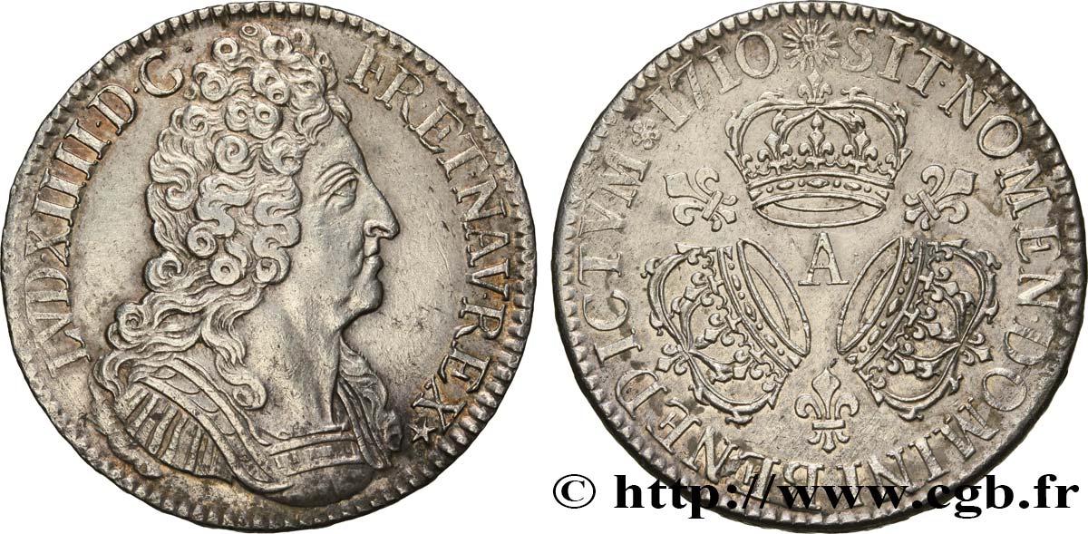 LOUIS XIV LE GRAND OU LE ROI SOLEIL Écu aux trois couronnes 1710 Paris TTB