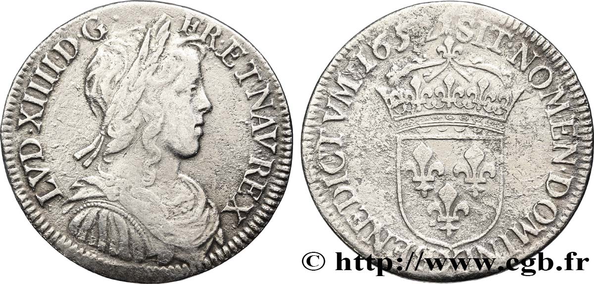 LOUIS XIV LE GRAND OU LE ROI SOLEIL Demi-écu, portrait à la mèche longue 1652 Amiens TB+/TB