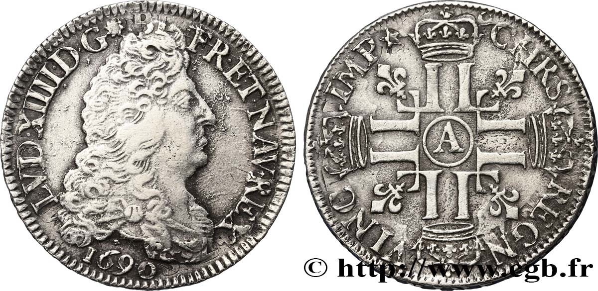 LOUIS XIV LE GRAND OU LE ROI SOLEIL Demi-écu aux huit L, 1er type 1690 Paris TTB