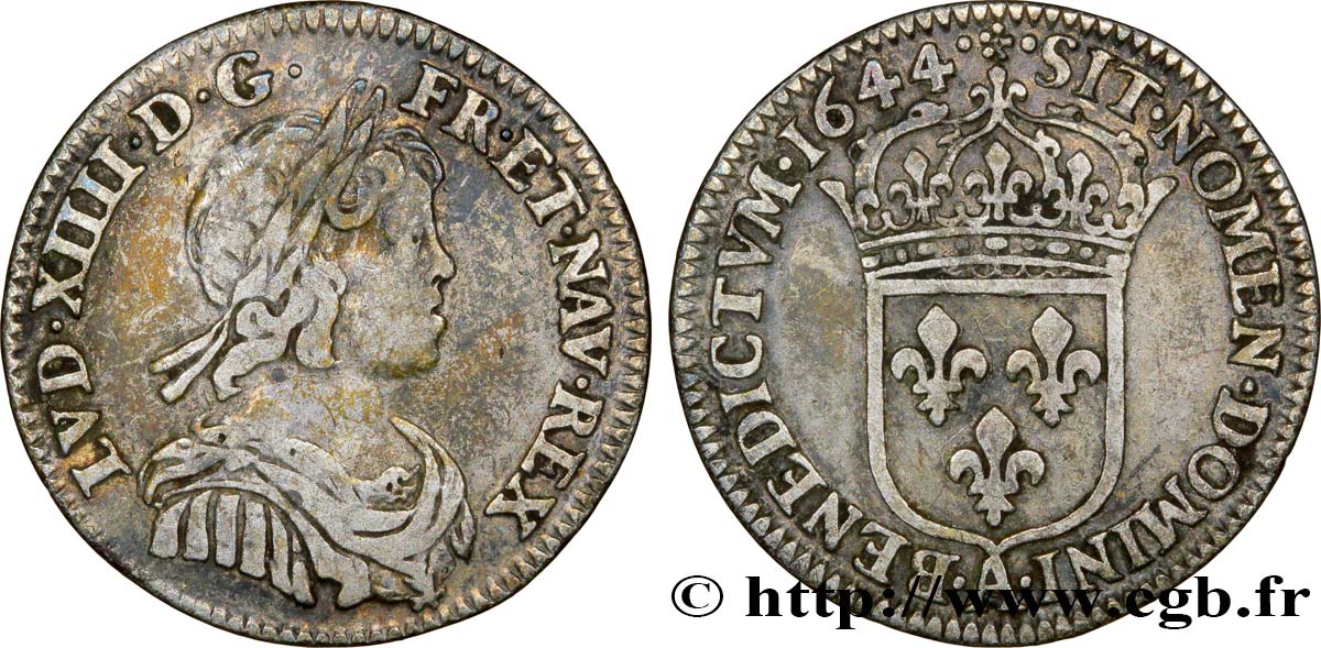 LOUIS XIV LE GRAND OU LE ROI SOLEIL Douzième d écu, portrait à la mèche courte 1644 Paris, Monnaie du Louvre TB+/TTB