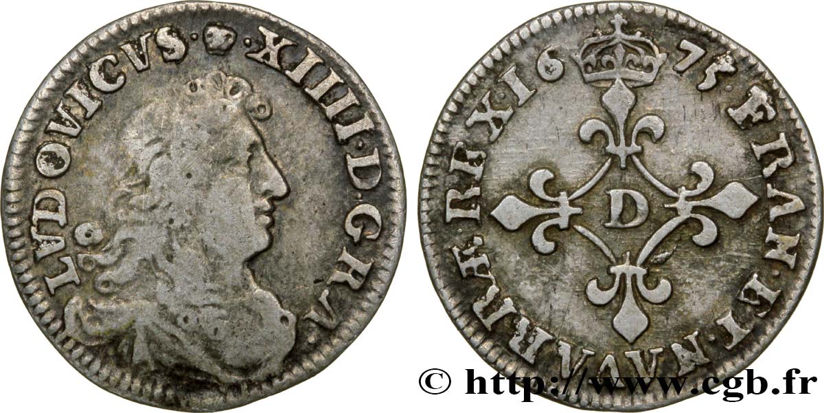LOUIS XIV LE GRAND OU LE ROI SOLEIL Quatre sols à la croix formée de lis 1675 Lyon ou Vimy-en-Lyonnais TB+/TTB