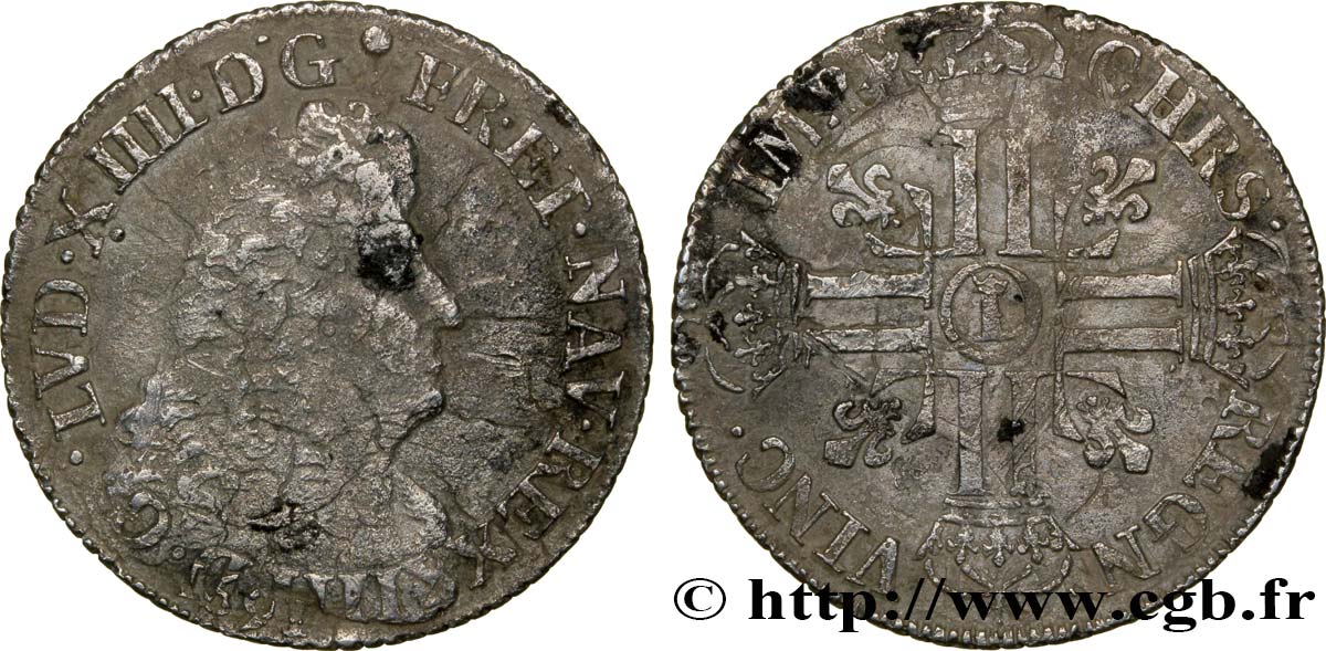 LOUIS XIV  THE SUN KING  Quart d écu aux huit L, 1er type 1691 Lille q.MB
