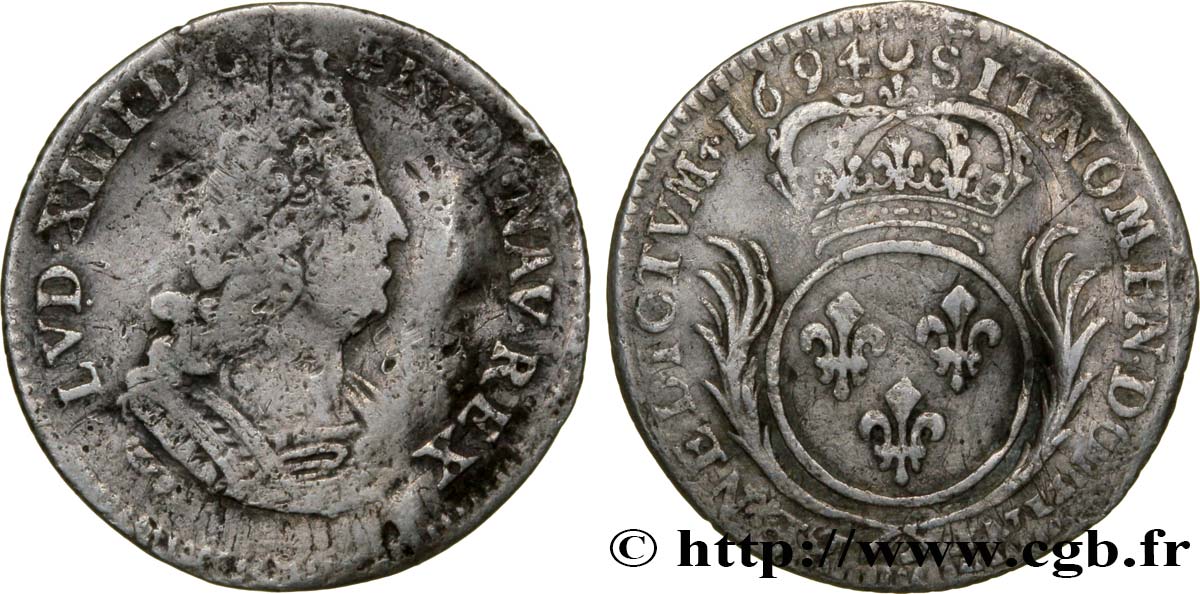 LOUIS XIV LE GRAND OU LE ROI SOLEIL Douzième d écu aux palmes 1694 Paris B+/TB