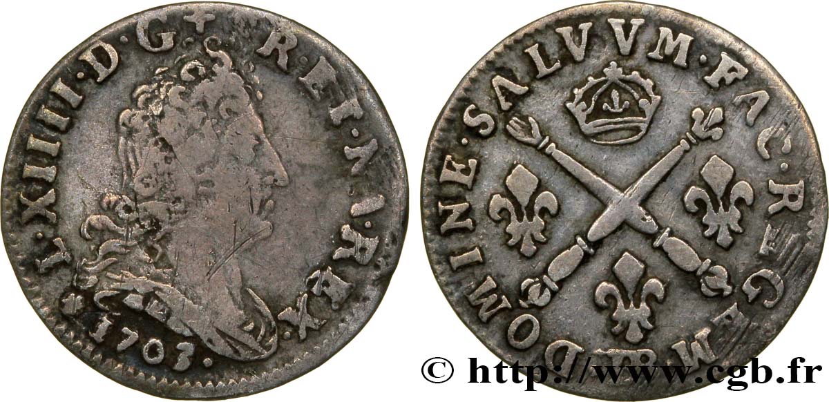 LOUIS XIV LE GRAND OU LE ROI SOLEIL Cinq sols aux insignes 1703 Strasbourg TB+/TTB