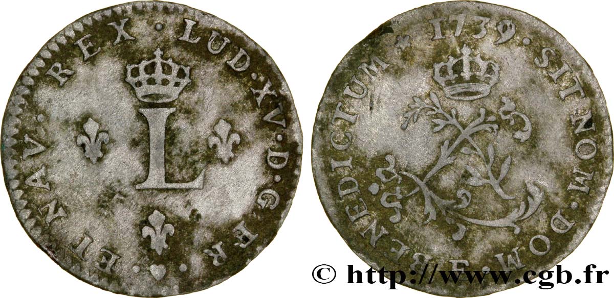 LOUIS XV DIT LE BIEN AIMÉ Double sol de billon 1739 Tours TB+