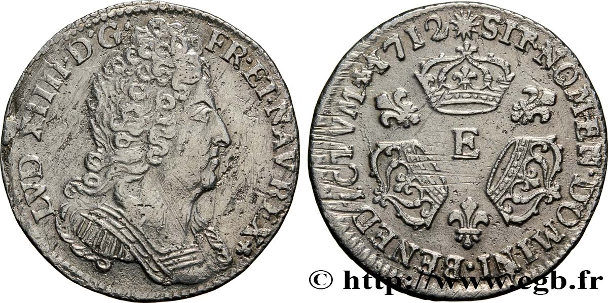 LOUIS XIV LE GRAND OU LE ROI SOLEIL Dixième d écu aux trois couronnes 1712 Tours TB+