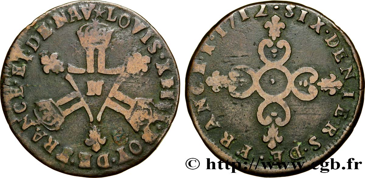 LOUIS XIV LE GRAND OU LE ROI SOLEIL Six deniers dits  Dardennes  1712 Montpellier TB+