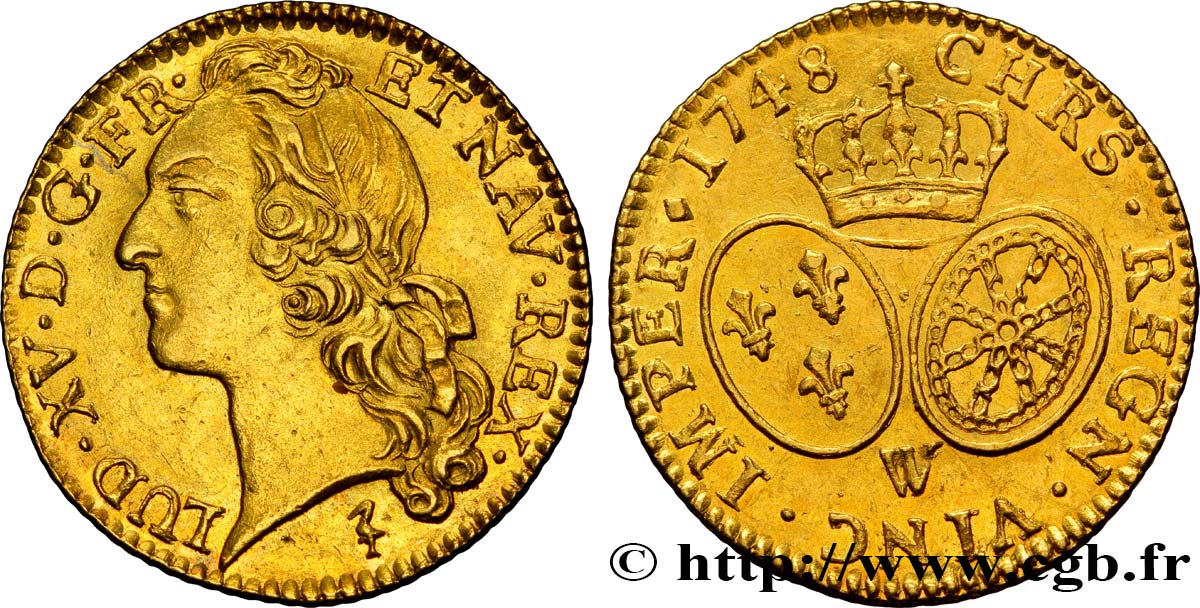 LOUIS XV THE BELOVED Louis d’or aux écus ovales, tête ceinte d’un bandeau 1748 Lille AU