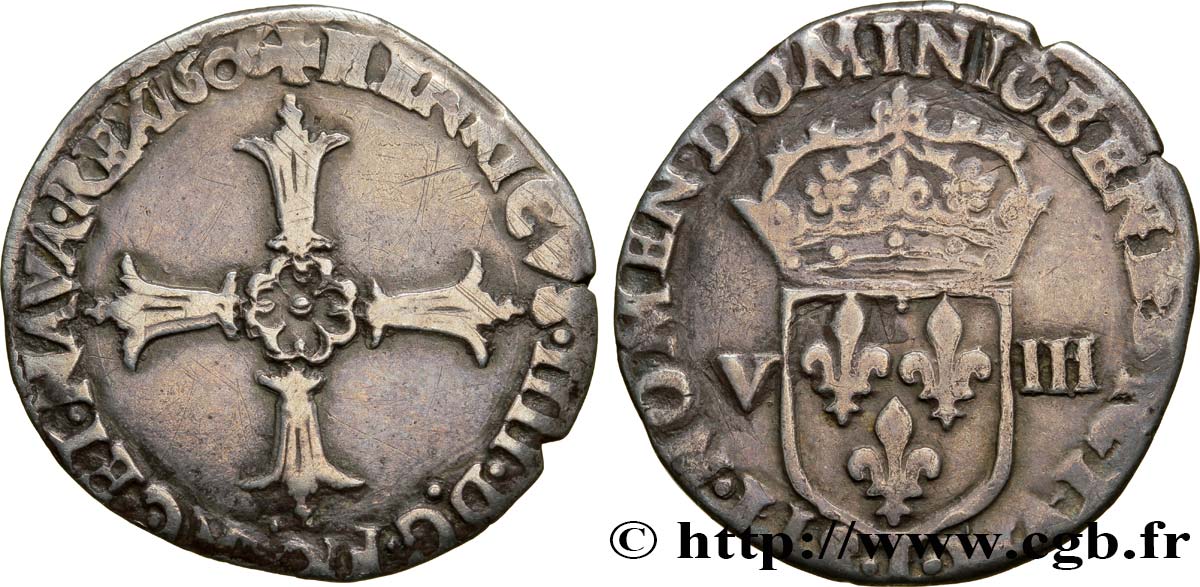 HENRI IV LE GRAND Huitième d écu, croix feuillue de face 1606 Nantes TB+
