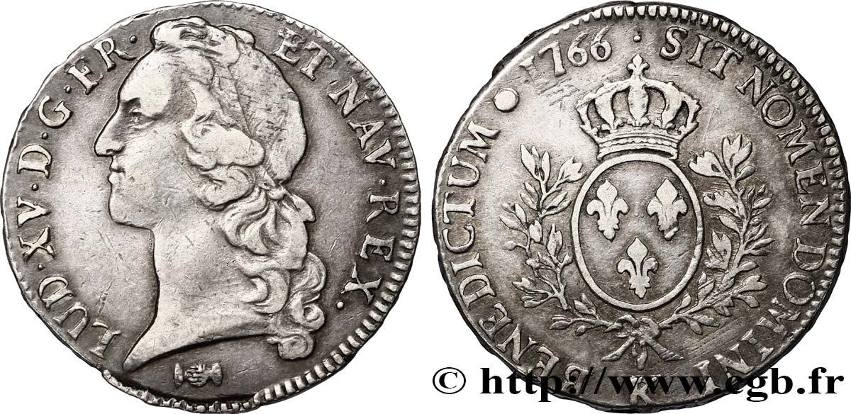LOUIS XV DIT LE BIEN AIMÉ Écu aux branches d’olivier, tête ceinte d’un bandeau 1766 Bordeaux TTB