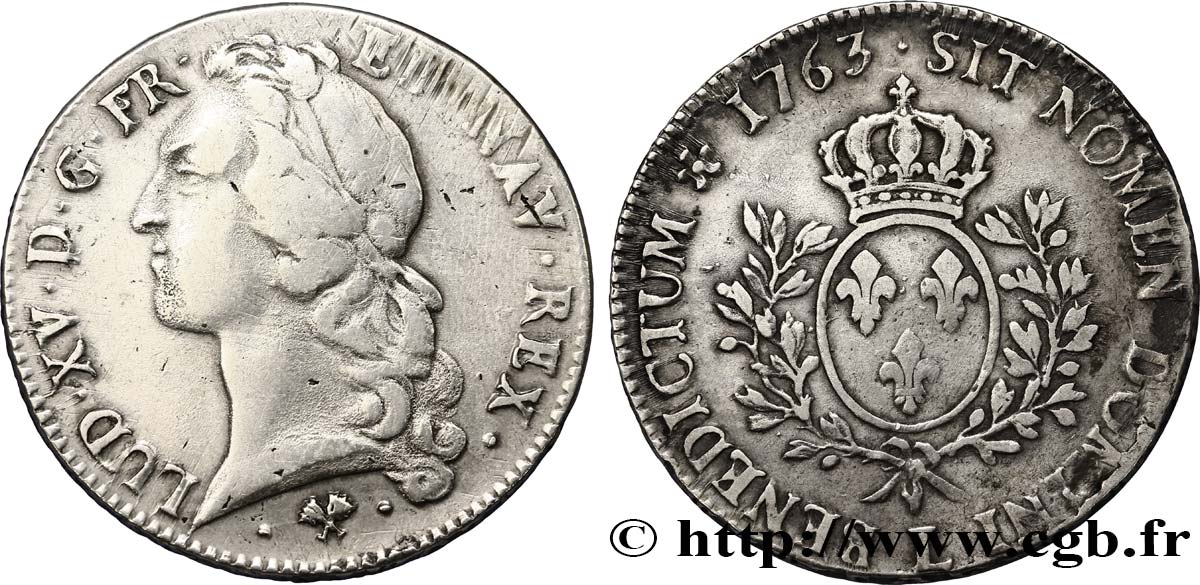 LOUIS XV  THE WELL-BELOVED  Écu aux branches d’olivier, tête ceinte d’un bandeau 1763 Bayonne VF