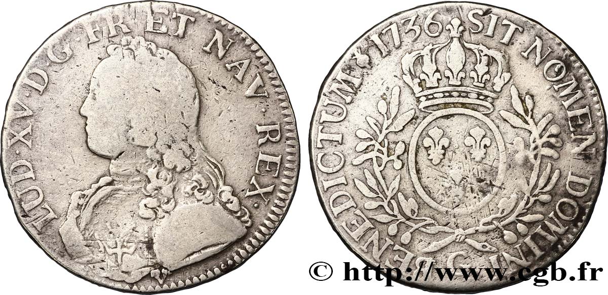 LOUIS XV DIT LE BIEN AIMÉ Écu aux branches d olivier, buste habillé 1736 Poitiers TB/TB+