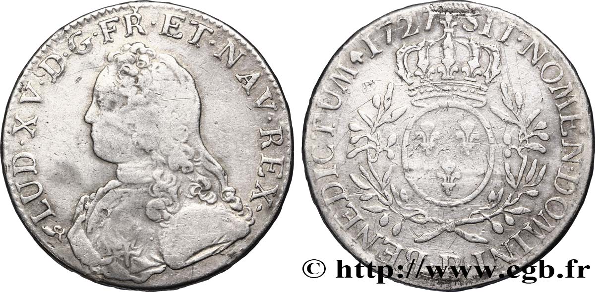 LOUIS XV THE BELOVED Écu aux branches d olivier, buste habillé 1727 Rouen VF