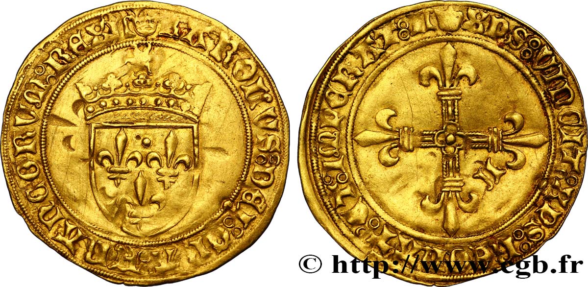 CHARLES VIII Écu d or au soleil, type spécial à la croix cantonnée de lettres n.d. Limoges TTB+