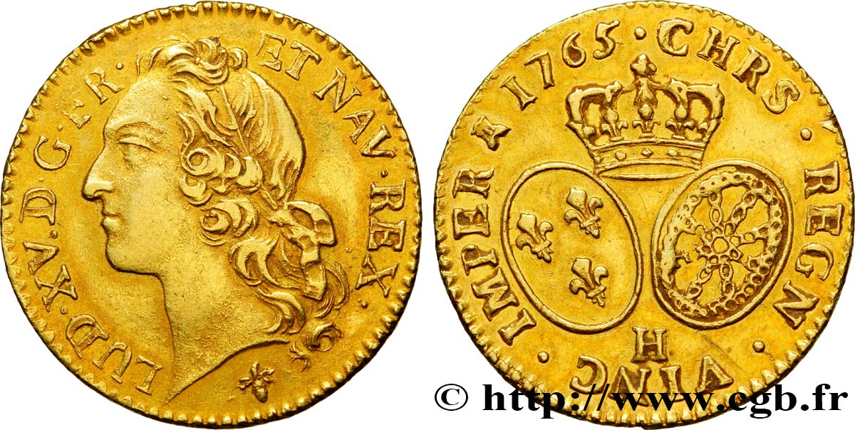 LOUIS XV THE BELOVED Louis d’or aux écus ovales, tête ceinte d’un bandeau 1765 La Rochelle AU