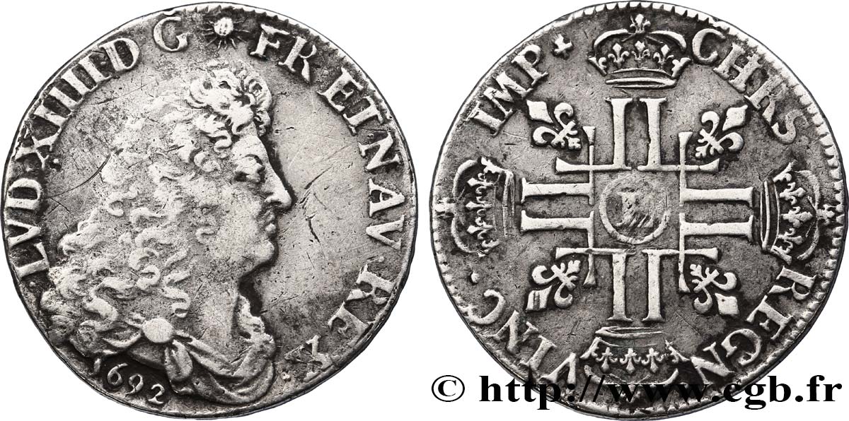LOUIS XIV LE GRAND OU LE ROI SOLEIL Demi-écu aux huit L, 1er type 1692 Lille TTB