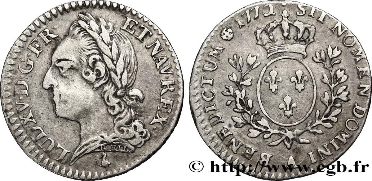 LOUIS XV DIT LE BIEN AIMÉ Dixième d’écu aux branches d’olivier, buste lauré 1770 Paris TTB