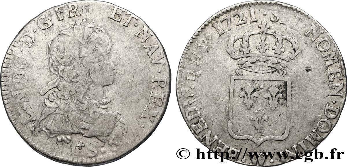 LOUIS XV THE BELOVED Demi-écu de France 1721 Lille VF/VF